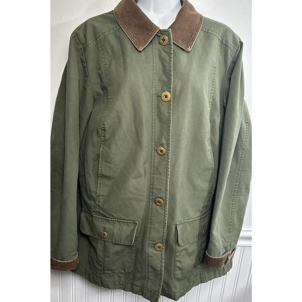LL Bean Jacket Barn Chore Field Coat Corduroy Trim Flannel Lined Green Women M - Picture 2 of 11